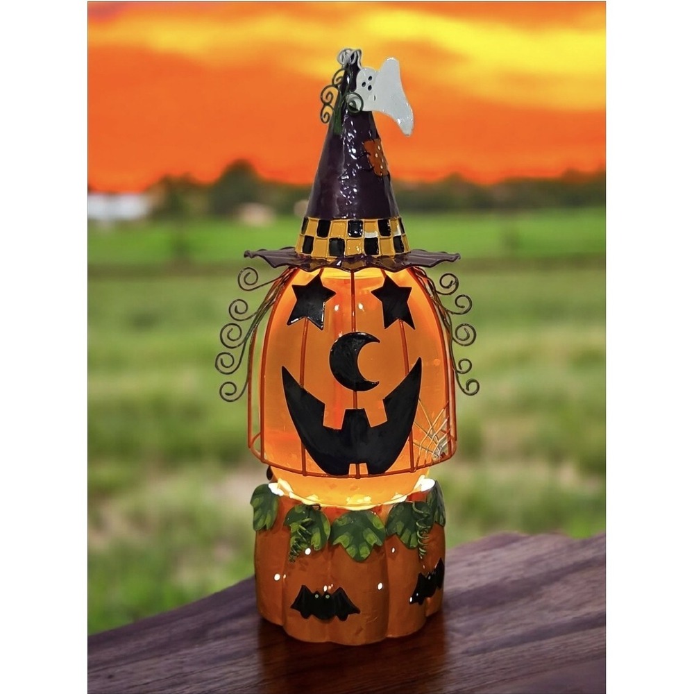 PUMPKIN AQUA GLITTER   LAMP WITCH HAT 14" ELECTRIC HALLOWEEN NEW IN BOX JCPENNEY - Picture 13 of 16